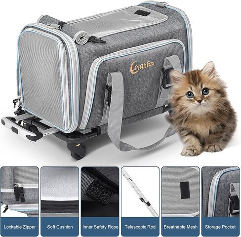 Ahfqx 20"*11.8"*11" Airline Approved Dog Carrier，Cat Carrier，3 Sided Expandable Rolling Carrier，Expandable Premium Pet Carrier on Wheels-Designed for Dogs & Cats- Extra Spacious Soft Lined Carrier! in Kuwait