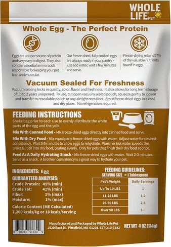 Whole Life Pet Freeze Dried Diced Eggs for Dogs and Cats. Fully Cooked Just Add Water. Healthy Skin, Strong Bones, Picky Eaters. Human Grade Quality in Kuwait