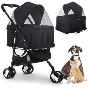 3 Wheel Pet Stroller Cat Dog Strollers for Small Medium Dogs 3-in-1 Detachable Travel Carrier Pet Gear Stroller Wagons for Dogs Trolley for Cat Doggie Rabbit Doggy Puppy, Black