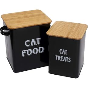 Cat Food and Treats Containers Set with Scoop for Cats or Dogs -Tight Fitting Wood Lids - Coated Carbon Steel - Storage Canister Tins-Cat-White