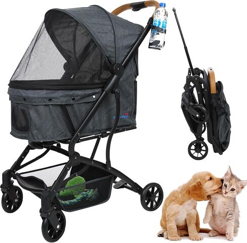 عربة اطفال للحيوانات الاليفة من بوب ان ويسكرز للكلاب الصغيرة والمتوسطة | حامل سفر صغير الحجم قابل للطي بيد واحدة، مقبض تمديد سحب بنمط شنطة السفر، مظلة شبكية لعربة الجراء، بطانة قابلة للازالة / حامل in Kuwait