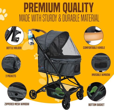 عربة اطفال للحيوانات الاليفة من بوب ان ويسكرز للكلاب الصغيرة والمتوسطة | حامل سفر صغير الحجم قابل للطي بيد واحدة، مقبض تمديد سحب بنمط شنطة السفر، مظلة شبكية لعربة الجراء، بطانة قابلة للازالة / حامل in Kuwait
