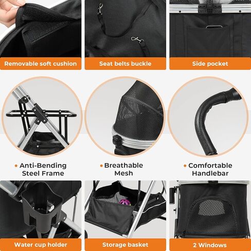 عربة أطفال MSmask Premium 3 في 1 للكلاب الصغيرة، مدخل مزدوج بدون سحاب، عربة أطفال مع حامل قابل للفصل، بطانة قابلة للإزالة، عربة ركض قابلة للطي للسفر مع سلة تخزين (كاكي) in Saudi Arabia