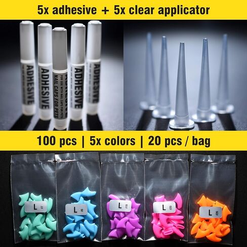 100 pcs Cat Nail Caps | Cat Claw Covers | with Adhesives and Applicators (XS, 5X Blue Glitter Shades) in Kuwait