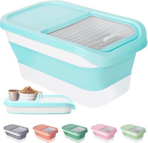 DDMOMMY 13 Lbs Dog Food Storage Container - Collapsible Dog Food Container with Sliding Lid, Measuring Cup and Silicone Bowl, Pet Food Storage Containers For Dog, Cats and Other Pet (Blue White) in Kuwait