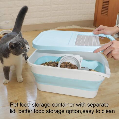 DDMOMMY 13 Lbs Dog Food Storage Container - Collapsible Dog Food Container with Sliding Lid, Measuring Cup and Silicone Bowl, Pet Food Storage Containers For Dog, Cats and Other Pet (Blue White) in Kuwait
