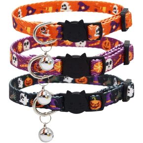 طوق قطة للهالوين قابل للفصل مع جرس وقلادة، اطواق للقطط الصغيرة قابلة للتعديل بابزيم امن، اليقطين شبح اسود وبرتقالي وارجواني، عبوة من 3 قطع in Kuwait