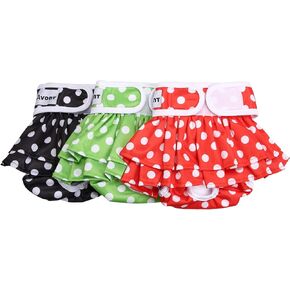 Avont 3 Pack Washable Dog Diapers Female (XS/6-8.5"), Reusable Female Dog Period Diapers Cover for Heat Cycle Incontinence, Girl Dog Diapers Dress -Black/Green/Red Dot