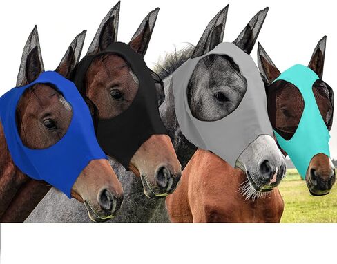 Frienda 4 Pcs Horse Fly Masks for Horses Fly Mask for Horses with Ears Protection Horse Mask Smooth Elastic Fly Mask with Sun Protection for Horses(Black, Gray, Blue, Mint Green, Medium) in Saudi Arabia