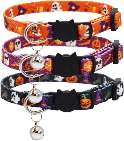 طوق قطة للهالوين قابل للفصل مع جرس وقلادة، اطواق للقطط الصغيرة قابلة للتعديل بابزيم امن، اليقطين شبح اسود وبرتقالي وارجواني، عبوة من 3 قطع in Kuwait