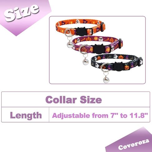 طوق قطة للهالوين قابل للفصل مع جرس وقلادة، اطواق للقطط الصغيرة قابلة للتعديل بابزيم امن، اليقطين شبح اسود وبرتقالي وارجواني، عبوة من 3 قطع in Kuwait