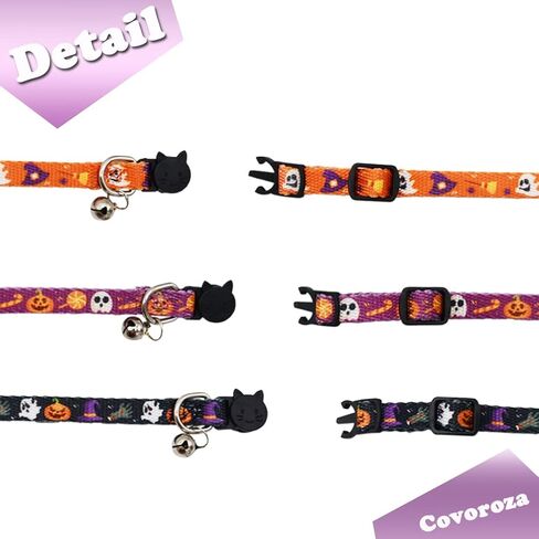 طوق قطة للهالوين قابل للفصل مع جرس وقلادة، اطواق للقطط الصغيرة قابلة للتعديل بابزيم امن، اليقطين شبح اسود وبرتقالي وارجواني، عبوة من 3 قطع in Kuwait