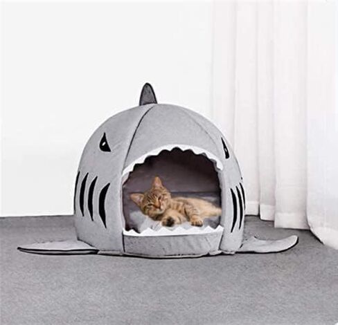 Cat Litter Hot Cat Mat Shark-Shaped Kennel Kitten Bed One Mat Two Usage Shark Bed for Small Cat Dog Cave Cozy Bed Removable （Light Grey） in Kuwait