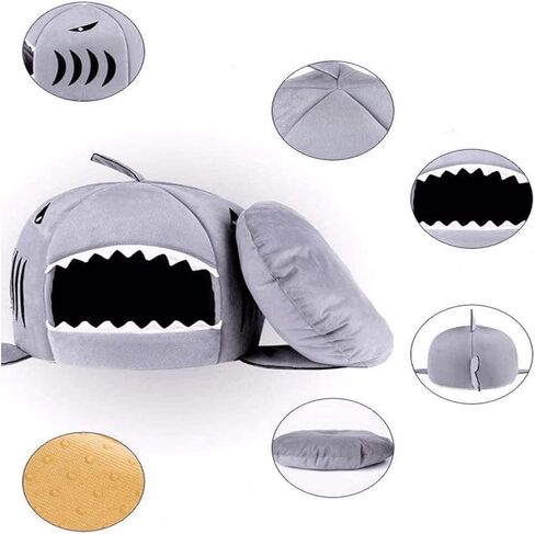 Cat Litter Hot Cat Mat Shark-Shaped Kennel Kitten Bed One Mat Two Usage Shark Bed for Small Cat Dog Cave Cozy Bed Removable （Light Grey） in Kuwait