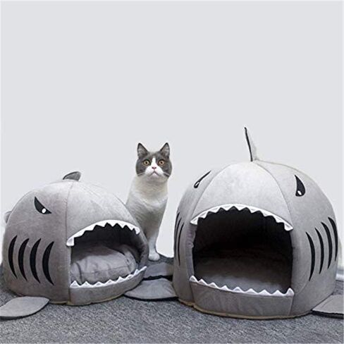 Cat Litter Hot Cat Mat Shark-Shaped Kennel Kitten Bed One Mat Two Usage Shark Bed for Small Cat Dog Cave Cozy Bed Removable （Light Grey） in Kuwait