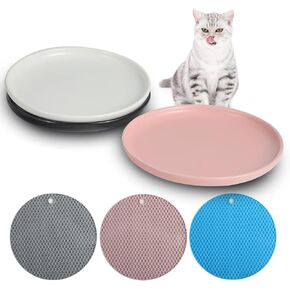 Dorakitten Ceramic Cat Bowls 3 Packs, Whisker Stress Free Cat Feeding Plates with 3 Non-Slip Mats, Wide & Shallow Cat Food Dish to Relieve Whisker Fatigue, for Cats, Kittens, Puppies, Dishwasher Safe