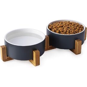 Y YHY Ceramic Dog and Cat Bowl Set, 24oz Dog Food Water Bowls with Wooden Stand, Modern Cute Weighted Pet Bowls Set for Small Size Dogs & Medium Sized Dogs & Cats - Dishwasher Safe in Kuwait
