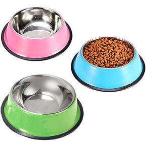 YUDANSI Stainless Steel Shallow Cat Bowls 3 Pack, Puppy Small Dogs Feeder for Food Water, Lightweight Small Pet Dish Set Multi-color for Wet Food Kibble Treats, Non Slip Anti Overturning Feeding Plate
