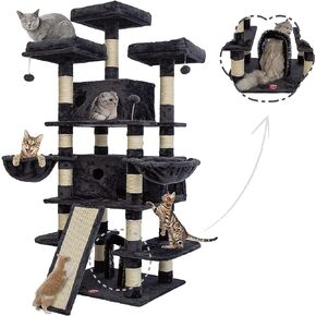 FOOWIN 68 Inches Big Multi-Level Cat Tree , Tall Multi-Cats Tower with 2 Big Cat Condo &Cat Hair Brush , Large Cat Tree with 3 Padded Plush Perches & Scratching Posts for Kittens (Beige) in Kuwait