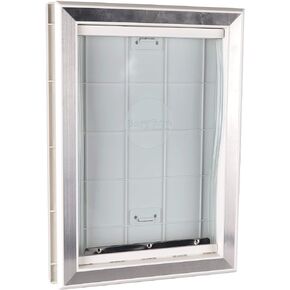 باب كلب بلاستيكي كبير من BarksBar مع بطانة من الألومنيوم وغطاء من الفينيل الناعم، لوحة منزلق لقفل الأمان في اتجاهين، إطار تلسكوبي - حجم رفرف كبير 10.5 × 15 بوصة، أبيض in Kuwait