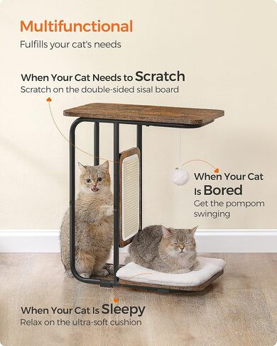 فياندريا طاولة قطط، شجرة قطط، اثاث عصري للقطط، 19.7 × 11.8 × 24 انش، طاولة طرفية على شكل حرف C، مع لوح خدش مزدوج الجوانب، وسادة قابلة للازالة والغسل، بني ريفي UPCT114X01 in Kuwait