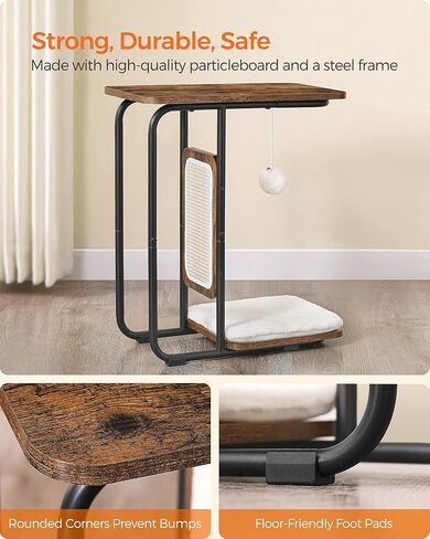 فياندريا طاولة قطط، شجرة قطط، اثاث عصري للقطط، 19.7 × 11.8 × 24 انش، طاولة طرفية على شكل حرف C، مع لوح خدش مزدوج الجوانب، وسادة قابلة للازالة والغسل، بني ريفي UPCT114X01 in Kuwait