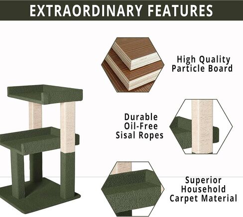 Naomi Home Nala Cat Tree for Large Cats, Cat Activity with Scratching Post, Cat Tower for Large Cats, 3 Level Cat Play Perch, Cat Climbing Tower, Cat Tree for Indoor Cats Multi-Level Cat, Green in Kuwait