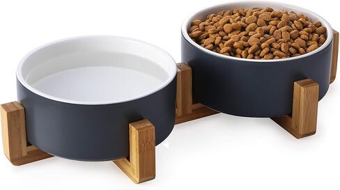 Y YHY Ceramic Dog and Cat Bowl Set, 24oz Dog Food Water Bowls with Wooden Stand, Modern Cute Weighted Pet Bowls Set for Small Size Dogs & Medium Sized Dogs & Cats - Dishwasher Safe in Kuwait