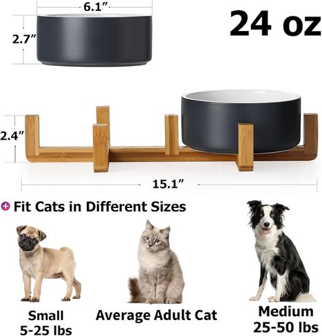 Y YHY Ceramic Dog and Cat Bowl Set, 24oz Dog Food Water Bowls with Wooden Stand, Modern Cute Weighted Pet Bowls Set for Small Size Dogs & Medium Sized Dogs & Cats - Dishwasher Safe in Kuwait