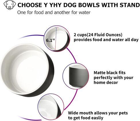 Y YHY Ceramic Dog and Cat Bowl Set, 24oz Dog Food Water Bowls with Wooden Stand, Modern Cute Weighted Pet Bowls Set for Small Size Dogs & Medium Sized Dogs & Cats - Dishwasher Safe in Kuwait