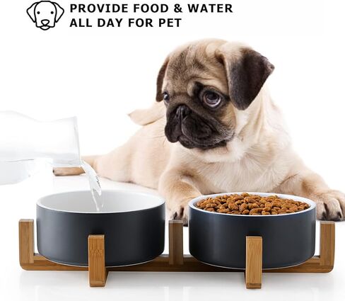 Y YHY Ceramic Dog and Cat Bowl Set, 24oz Dog Food Water Bowls with Wooden Stand, Modern Cute Weighted Pet Bowls Set for Small Size Dogs & Medium Sized Dogs & Cats - Dishwasher Safe in Kuwait