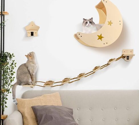 Cat Wall Shelves, Modern Cat Wall Furniture with 1 Step and 1 Climbing Bridge Step, Cat Climbing Shelf and Perches for Wall, Cat Wall Shelf Modern Beds and Perches for Activity Indoor, Cat Gifts in Kuwait