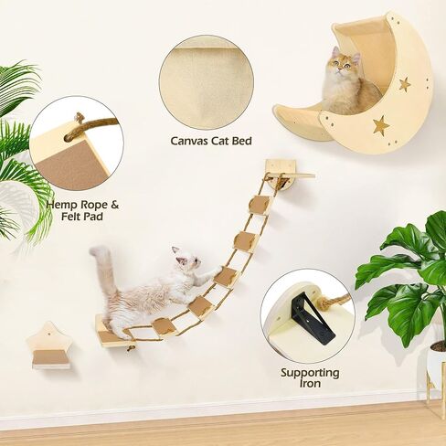 Cat Wall Shelves, Modern Cat Wall Furniture with 1 Step and 1 Climbing Bridge Step, Cat Climbing Shelf and Perches for Wall, Cat Wall Shelf Modern Beds and Perches for Activity Indoor, Cat Gifts in Kuwait