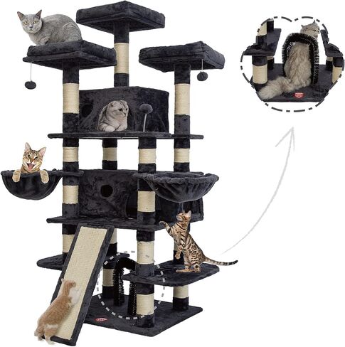 FOOWIN 68 Inches Big Multi-Level Cat Tree , Tall Multi-Cats Tower with 2 Big Cat Condo &Cat Hair Brush , Large Cat Tree with 3 Padded Plush Perches & Scratching Posts for Kittens (Beige) in Kuwait