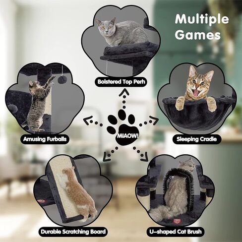 FOOWIN 68 Inches Big Multi-Level Cat Tree , Tall Multi-Cats Tower with 2 Big Cat Condo &Cat Hair Brush , Large Cat Tree with 3 Padded Plush Perches & Scratching Posts for Kittens (Beige) in Kuwait