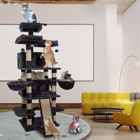 FOOWIN 68 Inches Big Multi-Level Cat Tree , Tall Multi-Cats Tower with 2 Big Cat Condo &Cat Hair Brush , Large Cat Tree with 3 Padded Plush Perches & Scratching Posts for Kittens (Beige) in Kuwait