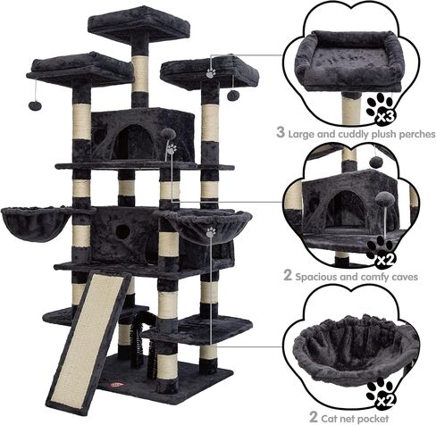 FOOWIN 68 Inches Big Multi-Level Cat Tree , Tall Multi-Cats Tower with 2 Big Cat Condo &Cat Hair Brush , Large Cat Tree with 3 Padded Plush Perches & Scratching Posts for Kittens (Beige) in Kuwait