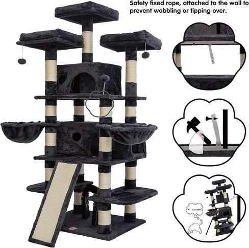 FOOWIN 68 Inches Big Multi-Level Cat Tree , Tall Multi-Cats Tower with 2 Big Cat Condo &Cat Hair Brush , Large Cat Tree with 3 Padded Plush Perches & Scratching Posts for Kittens (Beige) in Kuwait