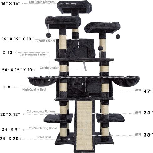 FOOWIN 68 Inches Big Multi-Level Cat Tree , Tall Multi-Cats Tower with 2 Big Cat Condo &Cat Hair Brush , Large Cat Tree with 3 Padded Plush Perches & Scratching Posts for Kittens (Beige) in Kuwait