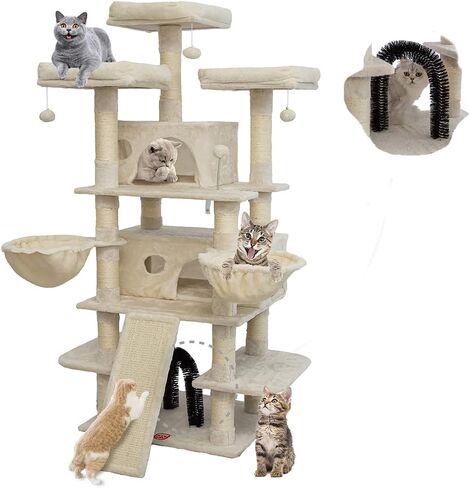 FOOWIN 68 Inches Big Multi-Level Cat Tree , Tall Multi-Cats Tower with 2 Big Cat Condo &Cat Hair Brush , Large Cat Tree with 3 Padded Plush Perches & Scratching Posts for Kittens (Beige) in Kuwait