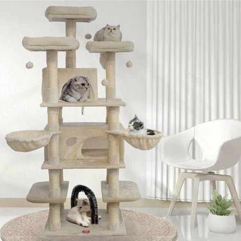 FOOWIN 68 Inches Big Multi-Level Cat Tree , Tall Multi-Cats Tower with 2 Big Cat Condo &Cat Hair Brush , Large Cat Tree with 3 Padded Plush Perches & Scratching Posts for Kittens (Beige) in Kuwait