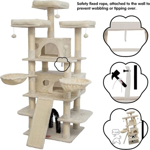 FOOWIN 68 Inches Big Multi-Level Cat Tree , Tall Multi-Cats Tower with 2 Big Cat Condo &Cat Hair Brush , Large Cat Tree with 3 Padded Plush Perches & Scratching Posts for Kittens (Beige) in Kuwait