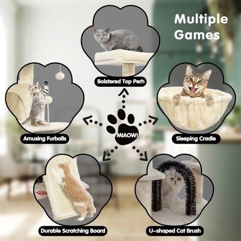 FOOWIN 68 Inches Big Multi-Level Cat Tree , Tall Multi-Cats Tower with 2 Big Cat Condo &Cat Hair Brush , Large Cat Tree with 3 Padded Plush Perches & Scratching Posts for Kittens (Beige) in Kuwait
