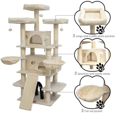 FOOWIN 68 Inches Big Multi-Level Cat Tree , Tall Multi-Cats Tower with 2 Big Cat Condo &Cat Hair Brush , Large Cat Tree with 3 Padded Plush Perches & Scratching Posts for Kittens (Beige) in Kuwait