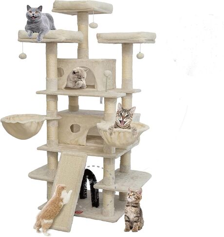 FOOWIN 68 Inches Big Multi-Level Cat Tree , Tall Multi-Cats Tower with 2 Big Cat Condo &Cat Hair Brush , Large Cat Tree with 3 Padded Plush Perches & Scratching Posts for Kittens (Beige) in Kuwait