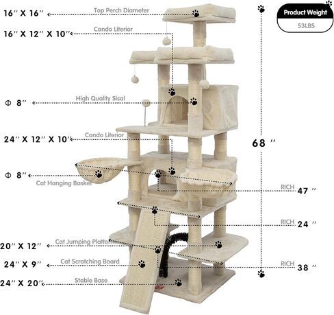 FOOWIN 68 Inches Big Multi-Level Cat Tree , Tall Multi-Cats Tower with 2 Big Cat Condo &Cat Hair Brush , Large Cat Tree with 3 Padded Plush Perches & Scratching Posts for Kittens (Beige) in Kuwait