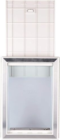 باب كلب بلاستيكي كبير من BarksBar مع بطانة من الألومنيوم وغطاء من الفينيل الناعم، لوحة منزلق لقفل الأمان في اتجاهين، إطار تلسكوبي - حجم رفرف كبير 10.5 × 15 بوصة، أبيض in Kuwait