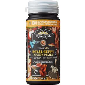 Ultra Fresh Royal Guppy Mignon Pellet, All Natural Guppy Food, Sword Prawns, Spirulina, Highly Nutritious, for Cleaner Water and More Vibrant Color 1.87 oz