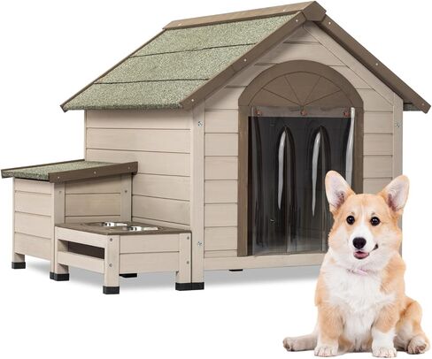 Ufyerutg Outdoor Dog House, Waterproof Wooden Puppy Shelter with Water Bowl, Food Bowl & Storage Box, Indoor Outside Open Roof Dog House for Small Medium Dogs in Kuwait