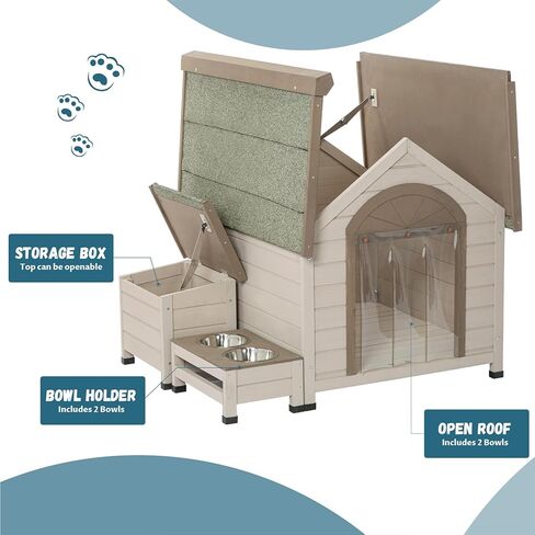 Ufyerutg Outdoor Dog House, Waterproof Wooden Puppy Shelter with Water Bowl, Food Bowl & Storage Box, Indoor Outside Open Roof Dog House for Small Medium Dogs in Kuwait